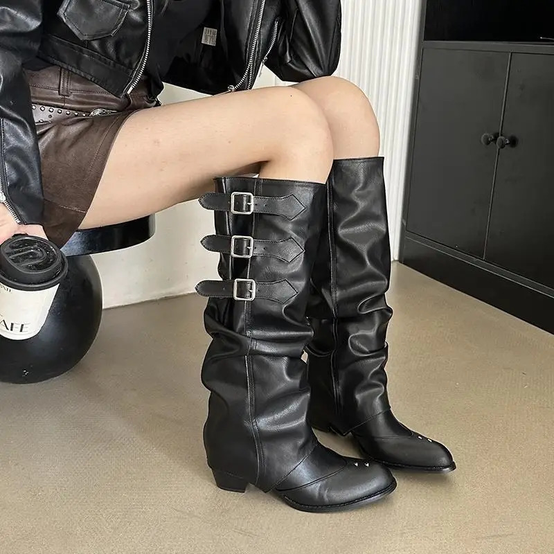Spring and Autumn Pointed Long tube Fashion Boots Thick Heel Fashion Western Cowboy Folded Stacked Boots 250809