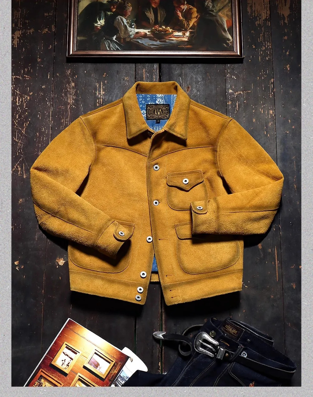 YRTop. Vintage 100% leather jacket.Casual Cow suede leather coat.Classic real leather cloth.American retro western 250808