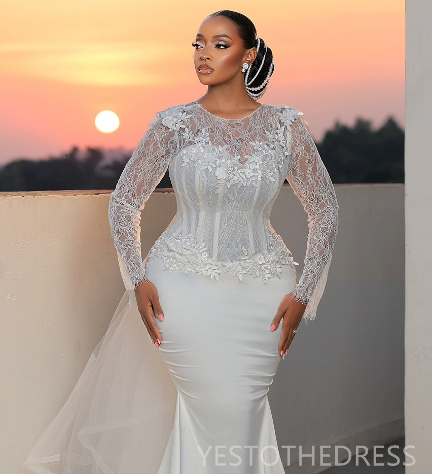2025 Plus Size African Wedding Dress Bridal Gowns For Bride Sheer Neck Beaded Pearls Tiered Tulle Beaded Lace Rhinestones Wedding Gowns For Black Wome