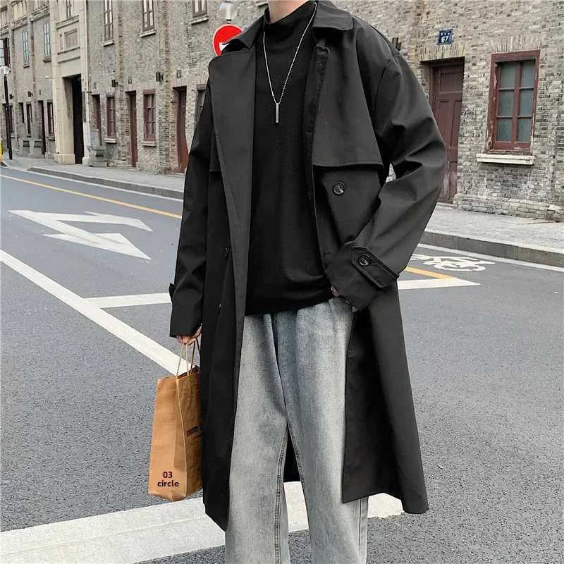 2023 Spring Autumn Mens Loose-fit Trench Coat Stylish Hong Kong Style Double-row Buttoning Medium-length Overcoat W250815
