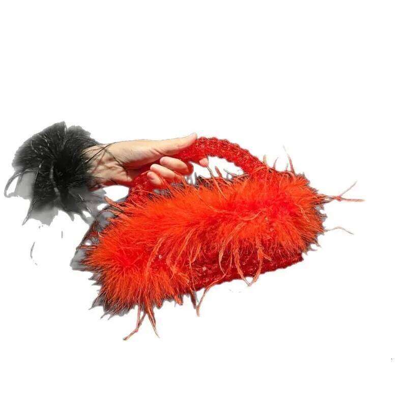 Designer bag 52 Box Shape Pearl Handbag Ostrich Feather Fur Evening Bead Mobile Phone Crossbody Hollow Out Underarm Bag