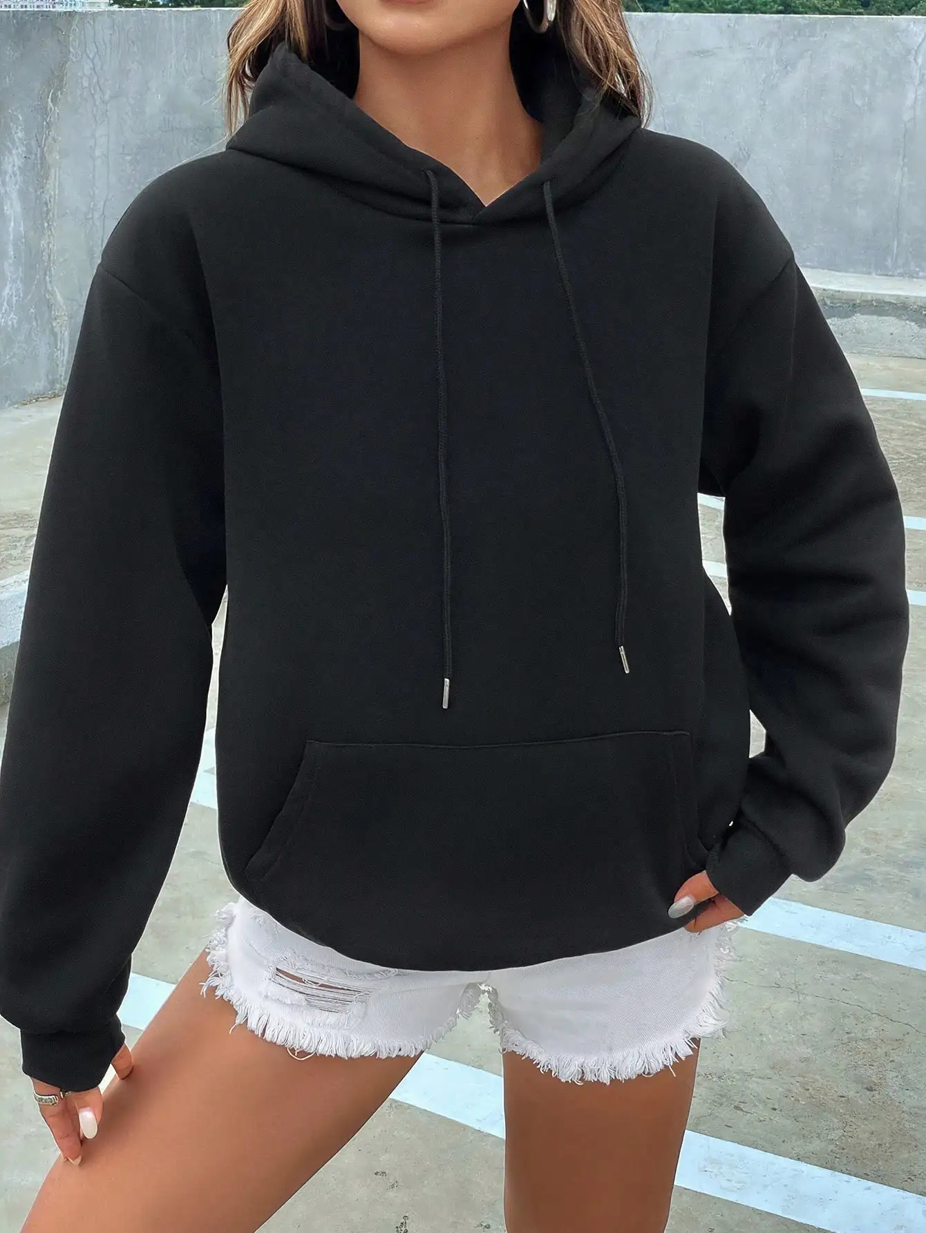 Solid Color Casual Hoodie For Female Pocket Creative Hoody AllMatch Street Clothes Womens Fleece Unisex Pullovers 250814