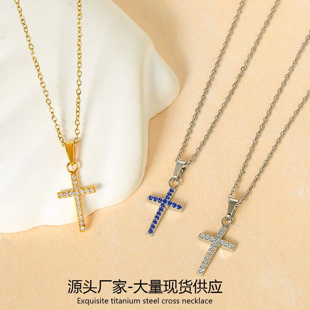 American Style Stainless Steel Gold Cross Zircon Necklace Non-Fading Women's Light Niche Accessories Jewelry for Women