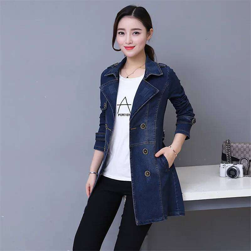 Designer Clothing 2025 Autumn Denim Coat Women Double-Breasted Full Sleeves Vintage Windbreaker Female Long Jean Jacket Outerwear Tops