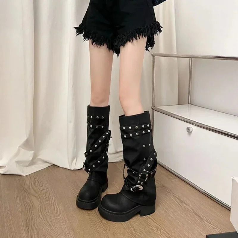 Women Western Cowgirl Boots Fashion Autumn Knee High Boots Women Punk Style Pu Leather Long Botas Woman Black Studded Pant Boot 250809