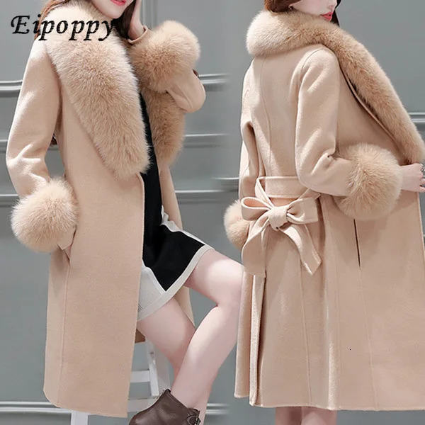 Woolen Coat Womens Mid-Length Korean Style Winter Slim Fit Tied Big Fur Collar Woolen Coat 250811