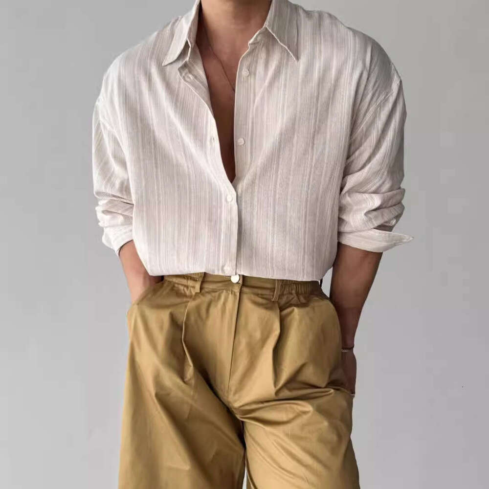 Linen Striped Long Sleeve For Men, Spring Summer Korean Style, Light And Mature Casual, Wrinkle-Free, Blue Lightweight Sun Protection Shirt B5