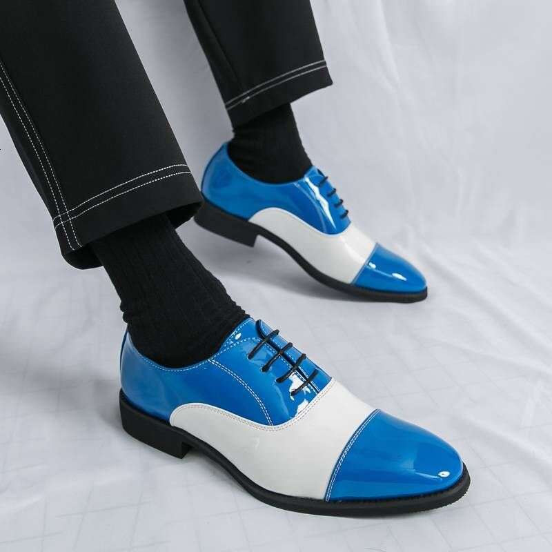 New Men's Patent Shiny Three-joint Contrast Color Business Formal Casual Leather British Pointed Toe Stage Wedding Shoes