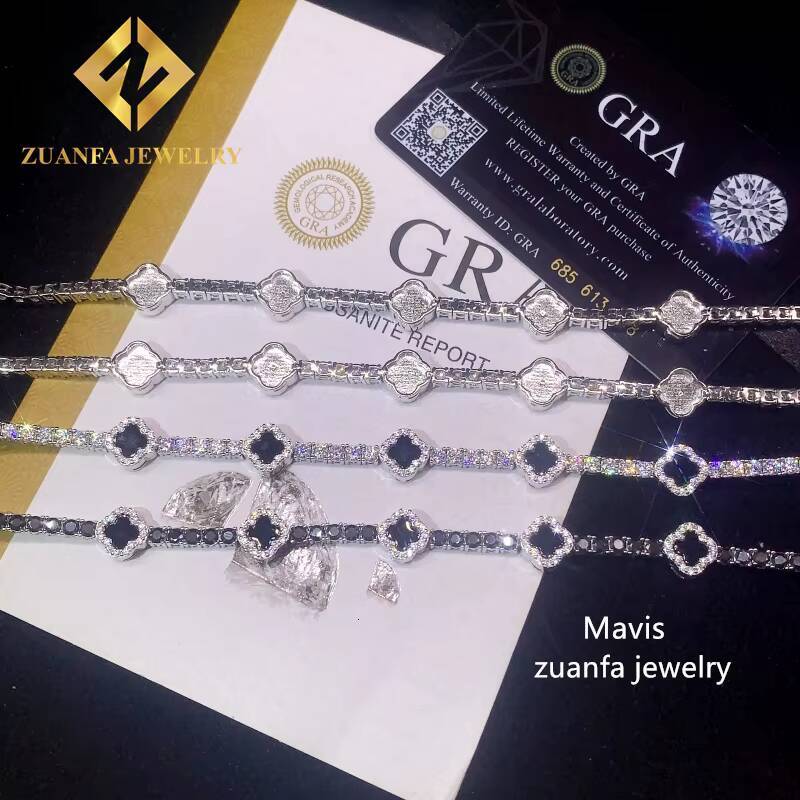 Fine Jewelry Moissanite Tennis Chain 925 Sterling Silver 3mm Black White Moissanite Clover Tennis Bracelet