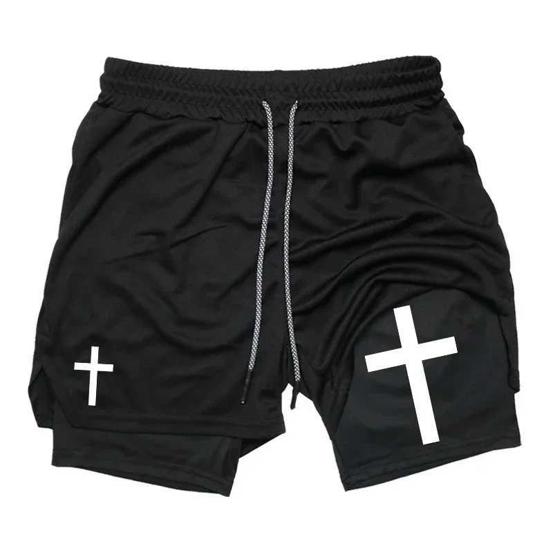 Cross Graphic 2 in 1 Workout Running Shorts for Men Christian Gym Performance Shorts with Phone Pocket Towel Loop Active Wear Y250814
