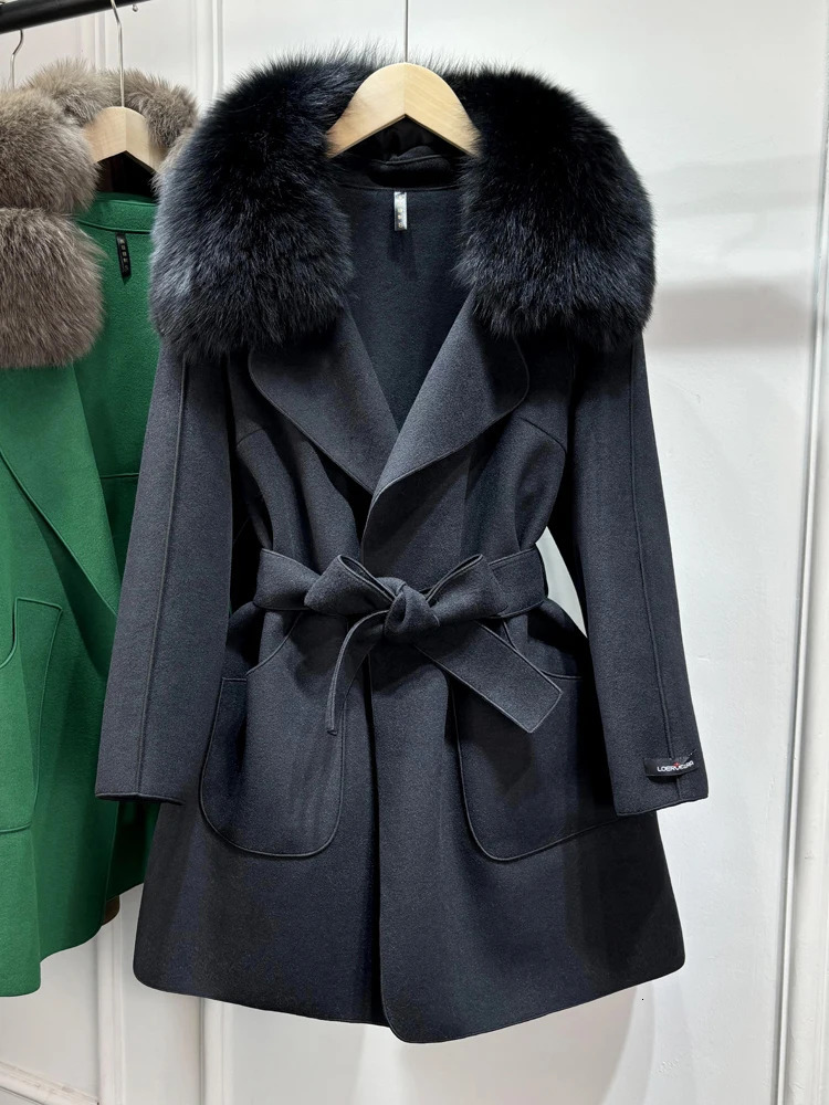 Janveny Wool Coat Women Natural Fox Fur Collar Winter Jacket Clothes For Female Short Slim Woolen Trench Coats Outwear 250811