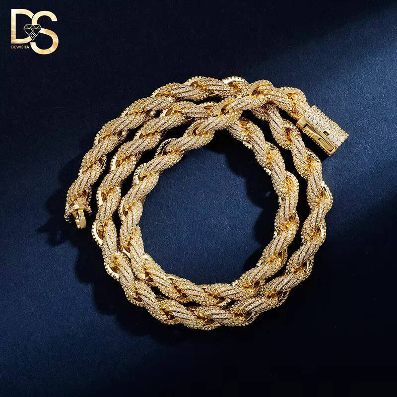 8mm Spring Buckle Full Moissaniteium Twisted Hip Hop Bracelet Twist Rope Cuban Link Chain Necklace