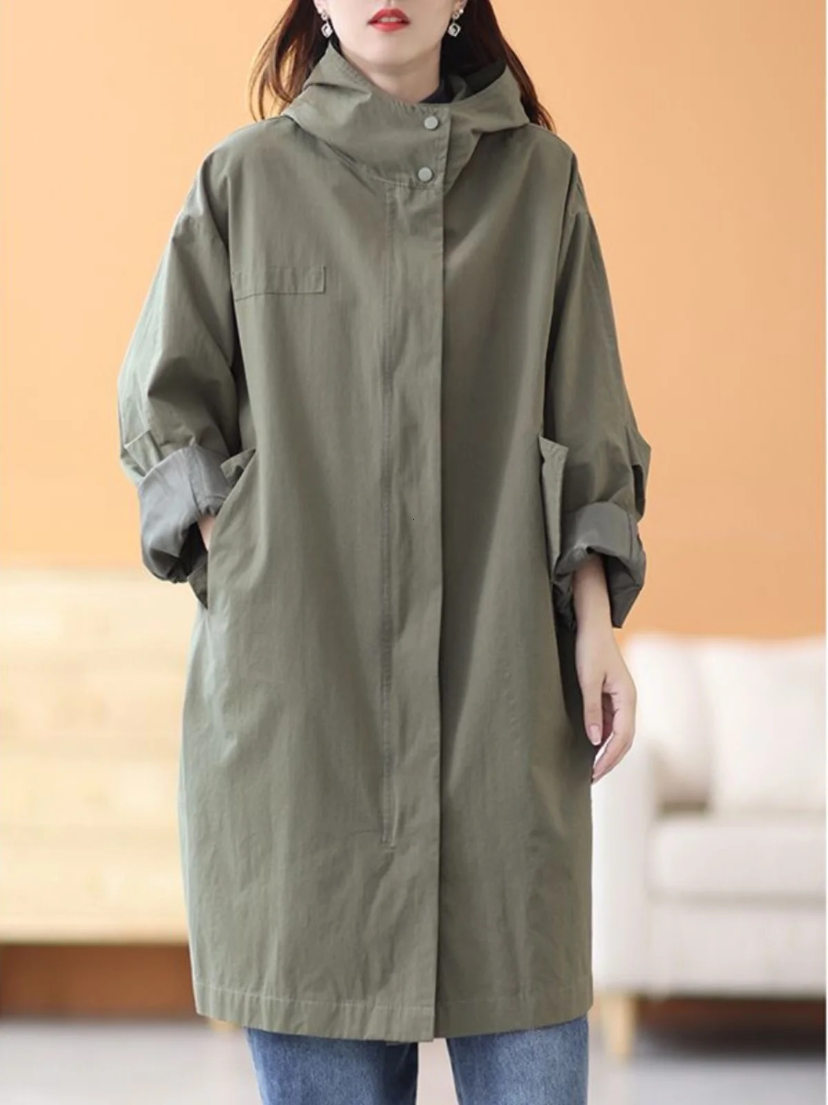 Loose Casual Hooded Womens Coat Korean Sle MidLength Windbreaker Outerwear Autumn Winter Arrival Single Tag Label 250805