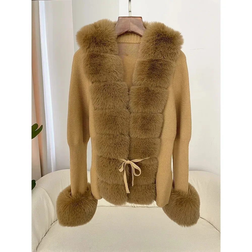 Autumn/Winter Womens Fur Coat Patchwork Knitted Sweater Bandage Fur Cardigan Detachable Collar Jacket Faux Fur Coat 250811