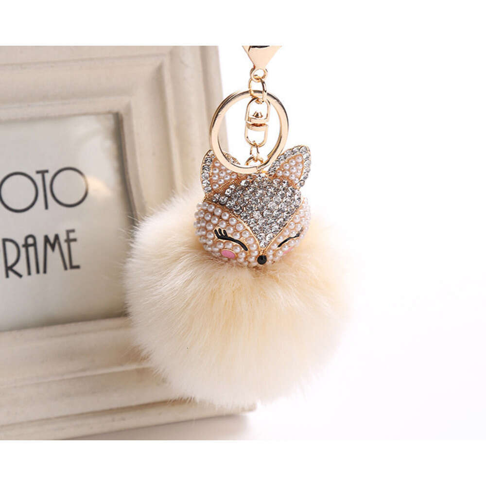 Creative Fox Head Pendant Keychain Extra Large Rabbit Fur Ball Plush Inlaid with Rhinestones for Phone and Bag