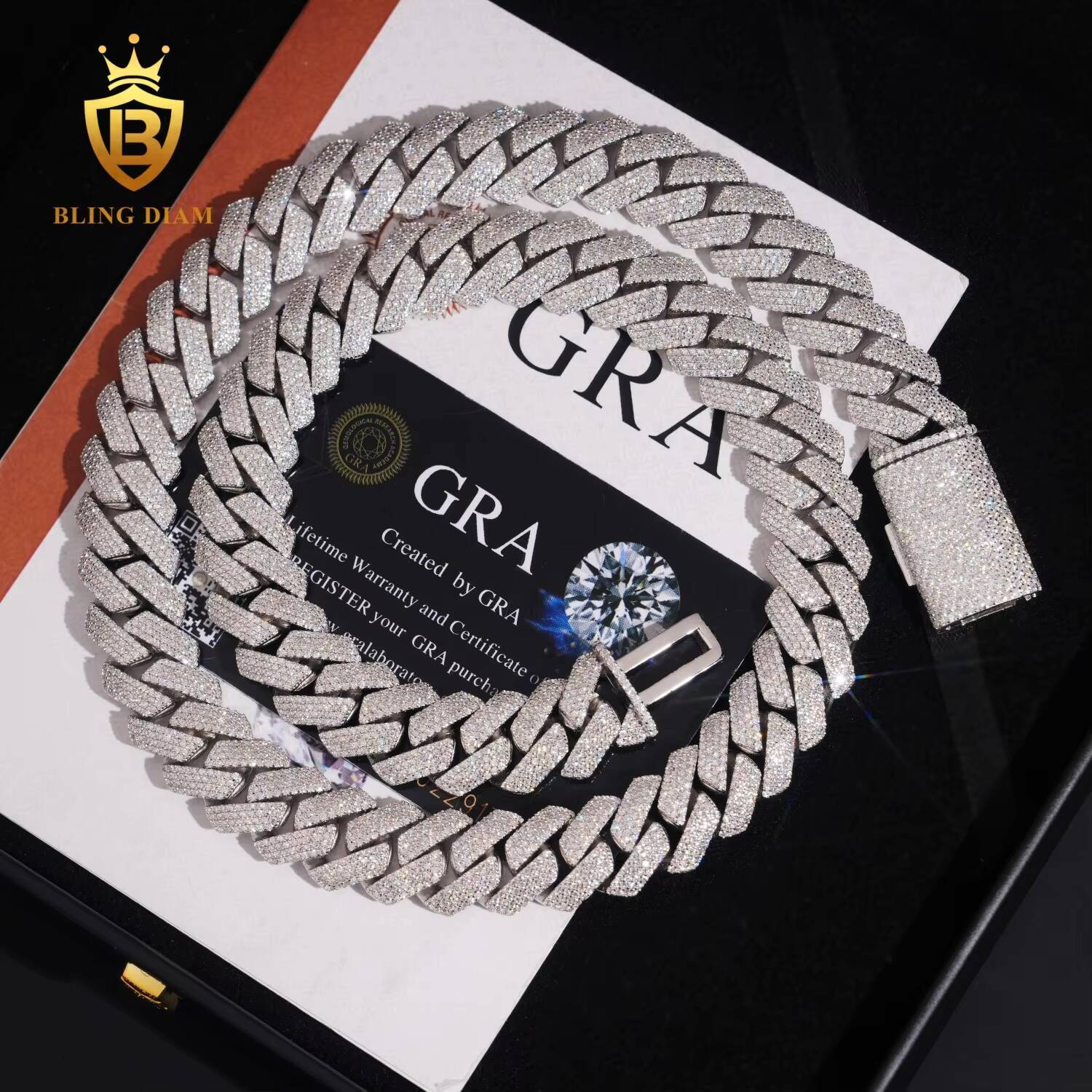 Factory Wholesale Price Pass Diamond Tester Hip Hop Necklace 15mm Four and Three Rows 925 Silver VVS Moissanite Cuban Link Chain