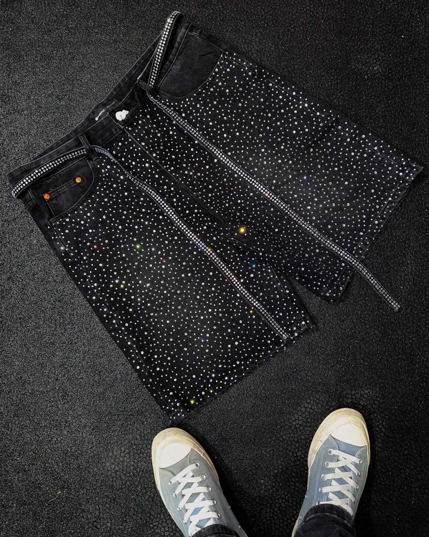 American Retro Rhinestone Sequins Ribbon Denim Shorts Y2K Hip Hop Washed Solid Color Baggy Shorts Low Waist Over The Knee Pants Y250814