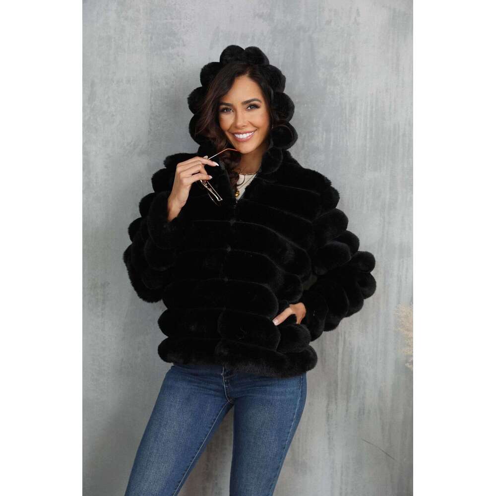 Faux Fur Women Coats Hooded Full Sleeve Short Coat Zipper Thick Warm Solid Temperament Elegant Splice Autumn Winter