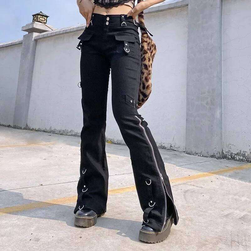 Women Low Waist Jeans Denim Straight Flare Pants Vintage Pockets Zipper Denims 2024 Autumn Streetwear Ankle Length Trousers