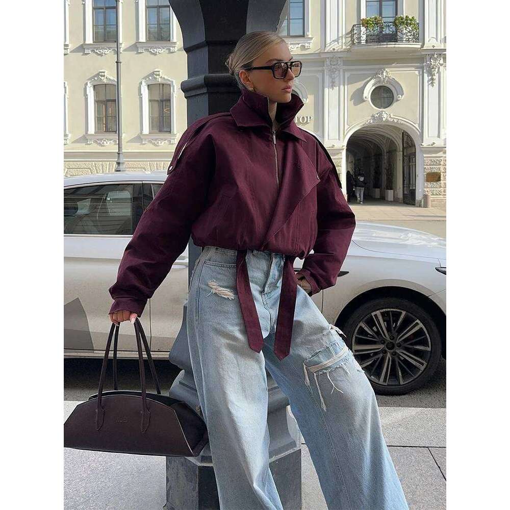 Fashion Bury Zipper Bomber Jacket Women Loose Stand Collar Button Long Sleeve Pocket Short Coat Lady Street Outerwear 2025