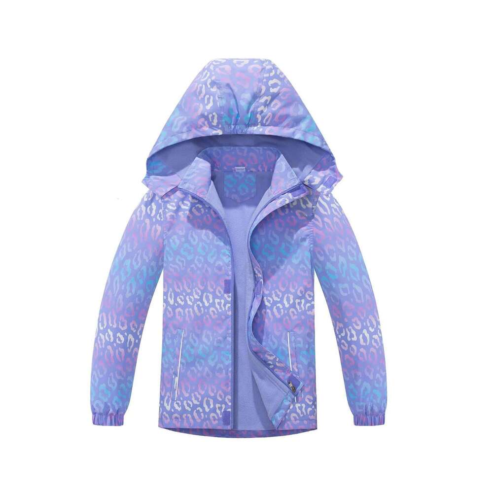 Girls Waterproof Gradient Lavender Detachable Hood Zip Fleece Lined Hiking Jacket Kids Track Coat Child Work Windbreaker 3-12Yrs