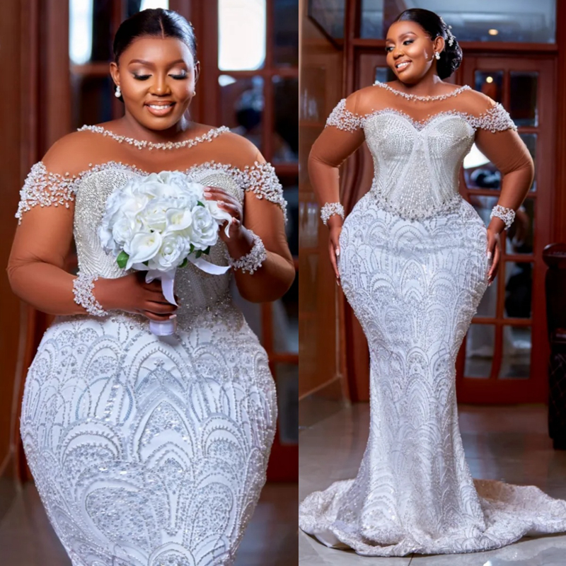 2025 Plus Size Off White African Wedding Dress Bridal Gowns For Bride Mermaid Sheer Neck Beaded Lace Pearls Tiered Pleat Tulle Wedding Gowns For Black