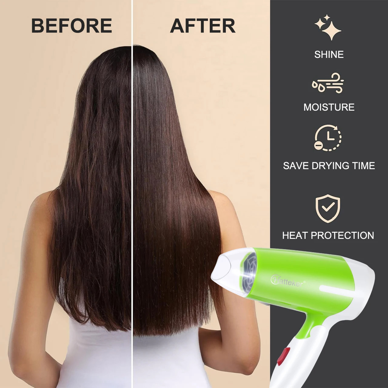 Hatteker Foldable Hair Dryer Electric 2600W Household with 2 Wind Temperature Settings and Negative Ion Care HighPower 250811