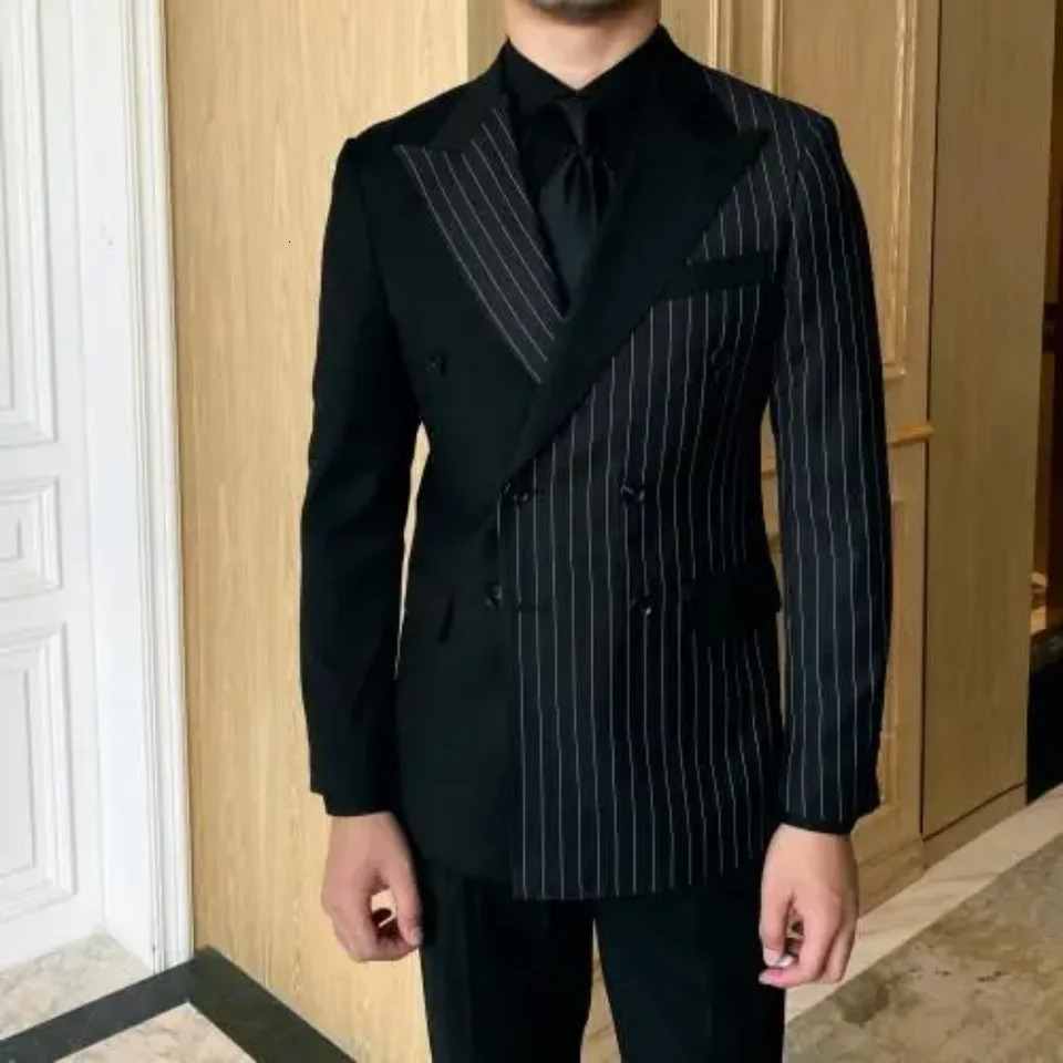 2pcs Mens Suits Blazer Autumn Striped Men Blazer Fashion Double Jacket Coats Casual Business Tuxedo Costume 250811