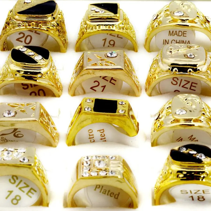 10pcs Mix Fashion Mens Ring Classic Gold Color Black Enamel Rhinestone Geometric Alloy Finger Rings for Men Wedding Party Gift 250811