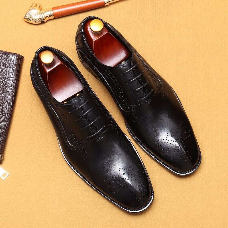 Pointed leather hand polished men's business formal pointed carved Brock Oxford shoes