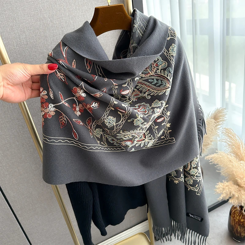 Winter Embroidery Cashmere Scarves High Quality Women Thicken Wrap Shawl Ladies Warm Wool Pashmina Scarf 250808