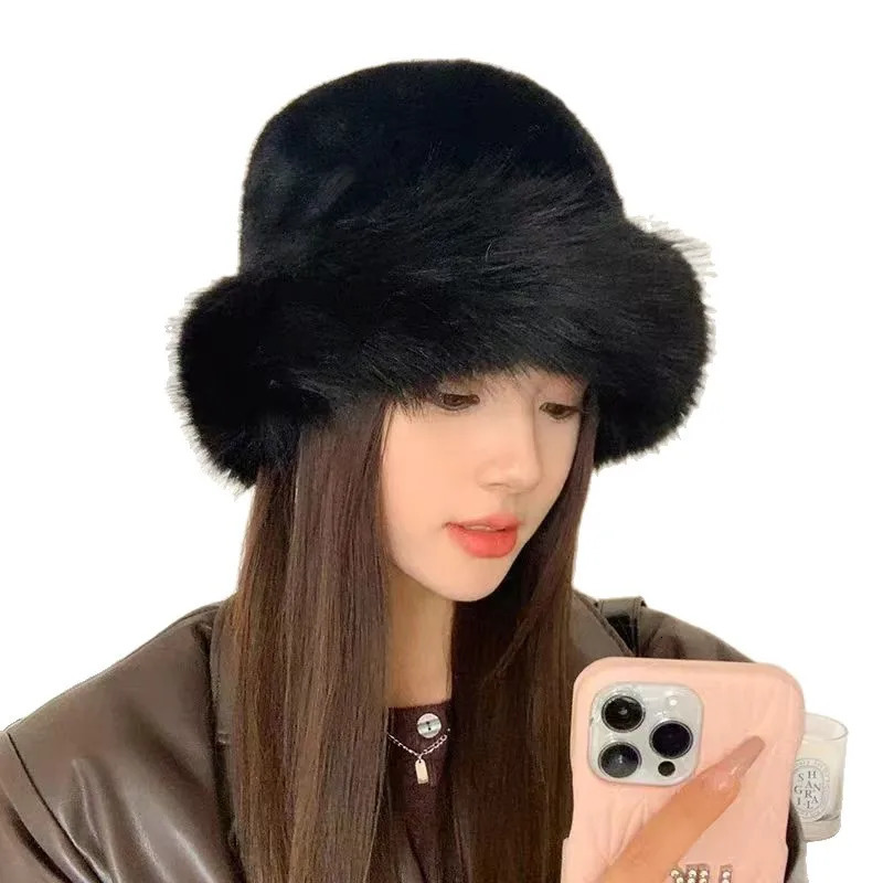 Winter Faux Fur Hat Fluffy Bucket Hat for Women Plush Hat Thicken Snow Windproof Rabbit Fur Russian Hat Bonnet 250808