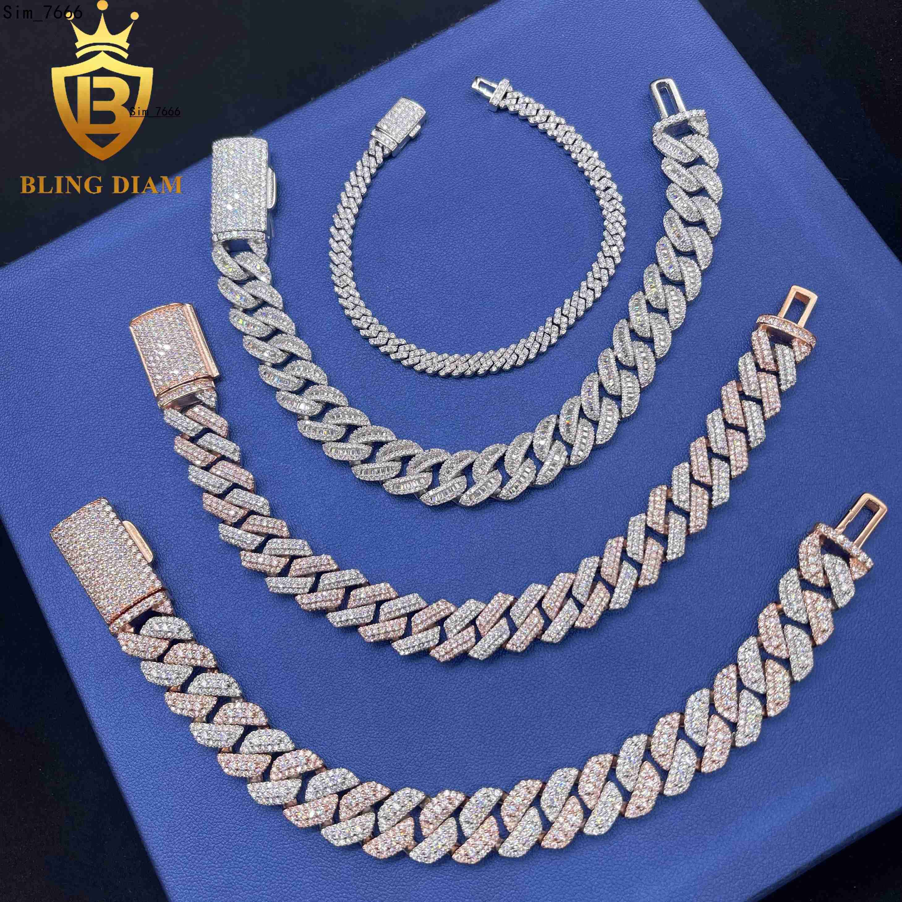 Hip Hop Jewelry Iced Out Rose Gold Two Color Miami Cuban Link Chain and Bracelet for Men Moissanite 925 Sterling Silver
