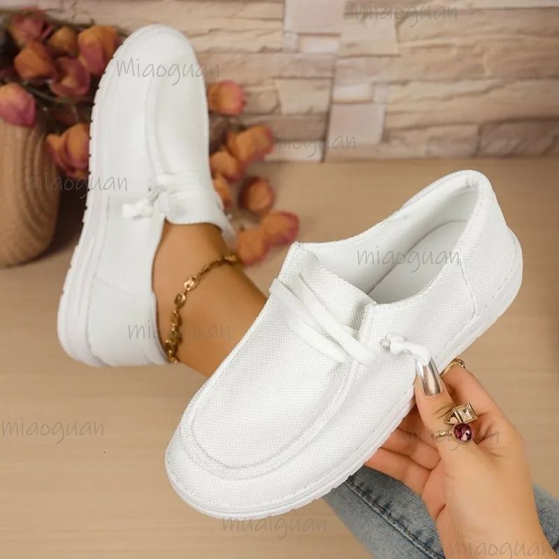 Canvas Casual Single Shoes Women Spring Autumn White Flats Lace Up Flat Bottomed Low Cut Womens Shoes Round Toe Sneakers 250809