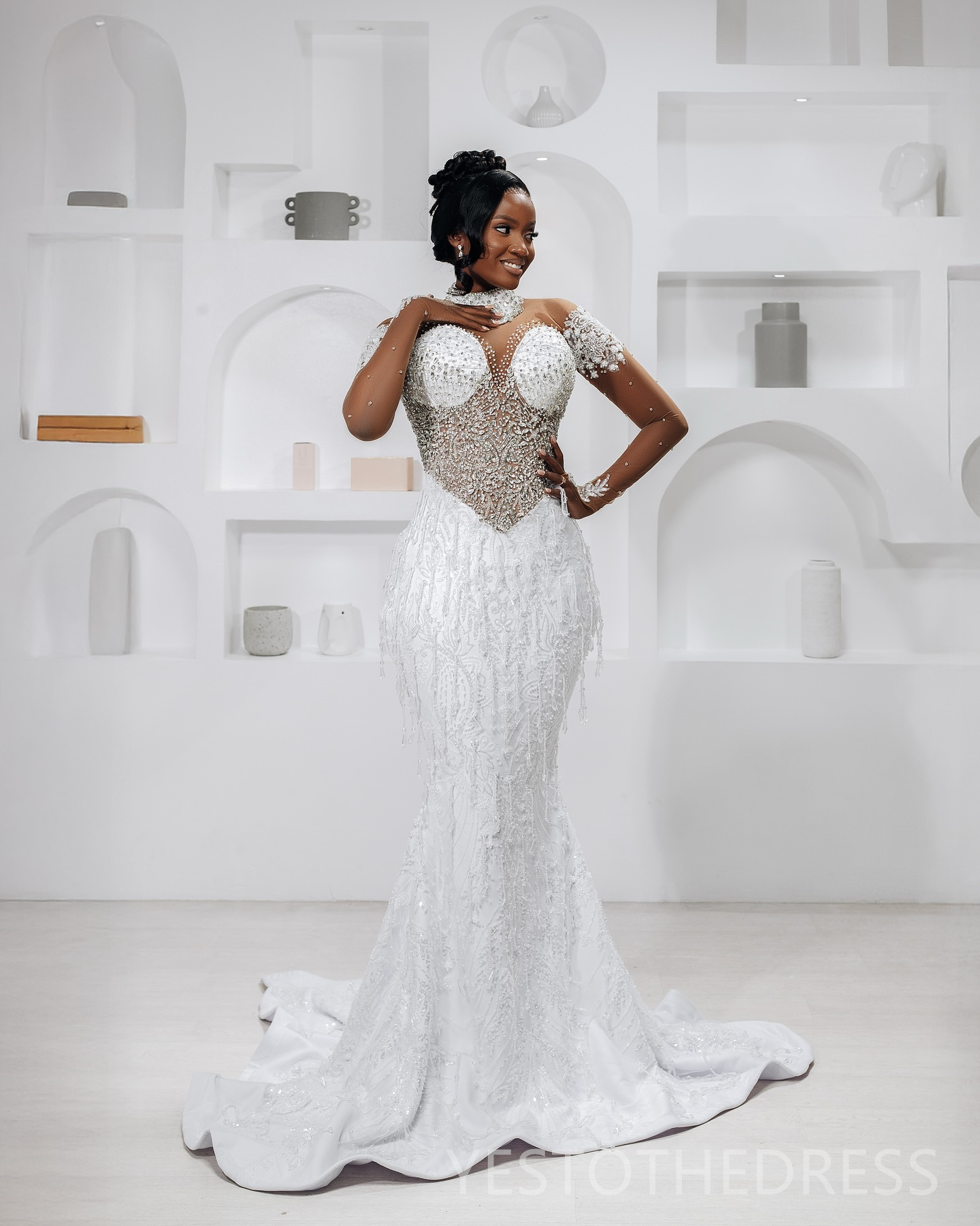 2025 Mermaid Aso Ebi Off White African Wedding Dress Bridal Gowns For Bride High Neck Beaded Lace Tassel Crystals Tiered Tulle Wedding Gowns For Black