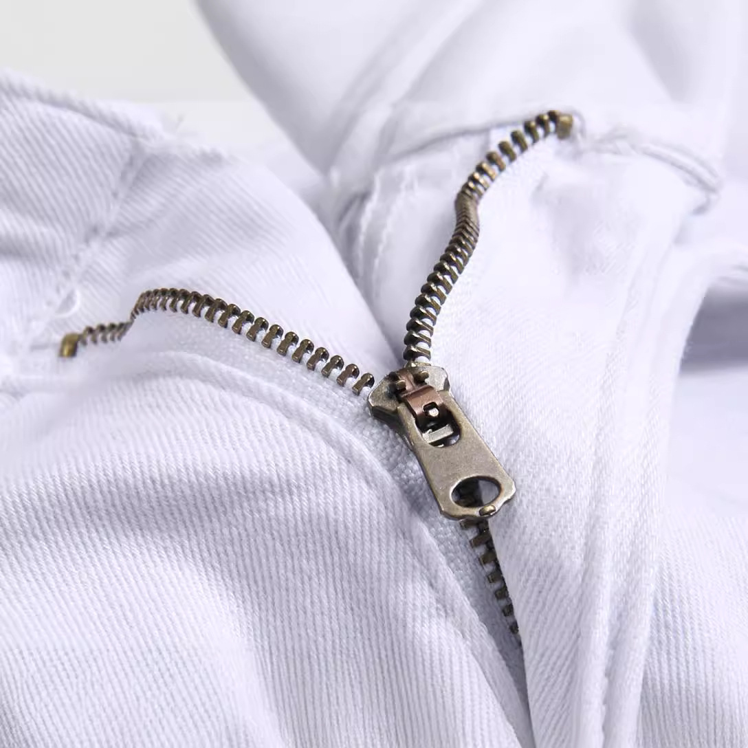 Men's White Zipper Jeans Slim Fit Stretch Ripped Denim Trousers Black Trim Streetwear Pants Men