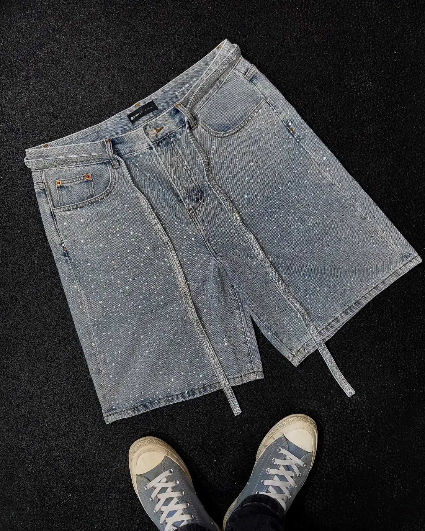 American Retro Rhinestone Sequins Ribbon Denim Shorts Y2K Hip Hop Washed Solid Color Baggy Shorts Low Waist Over The Knee Pants Y250814