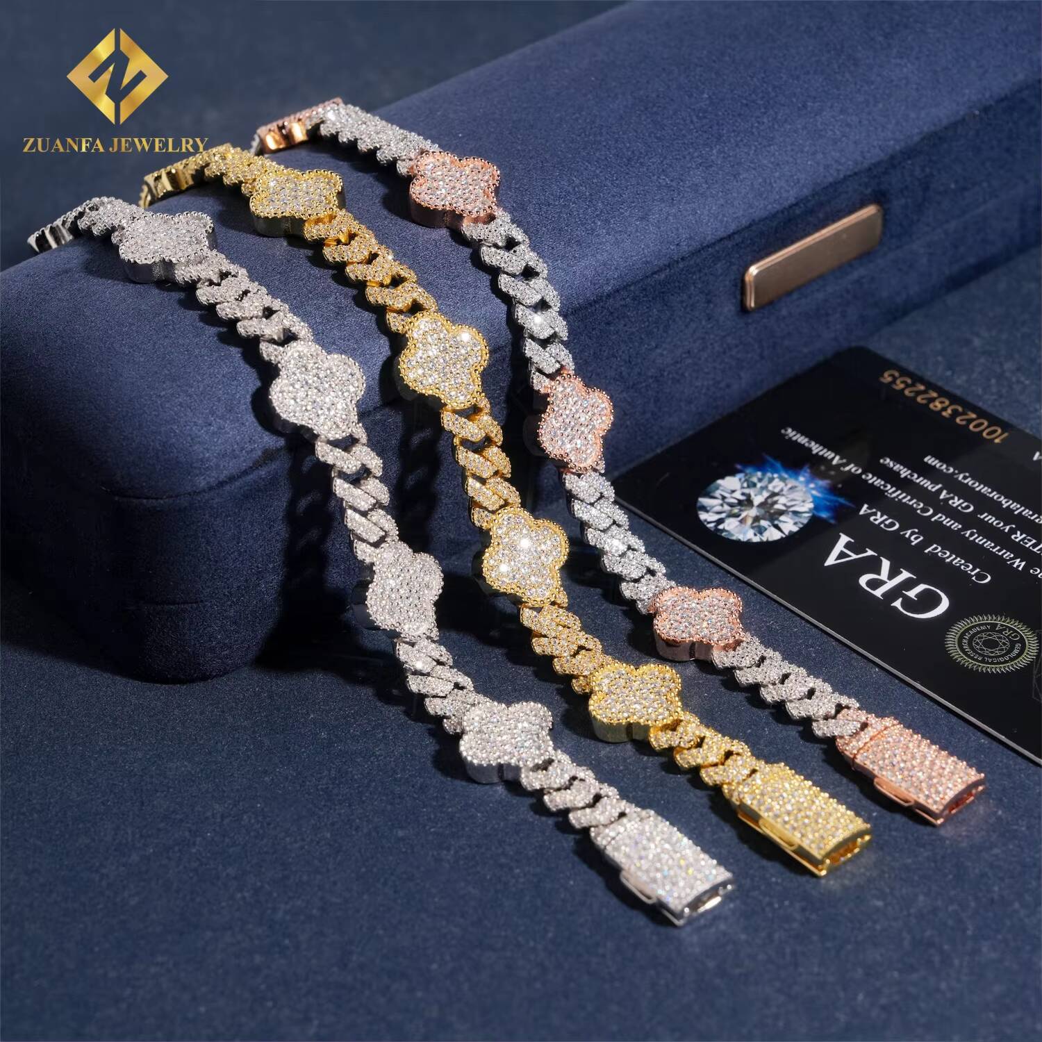 Hot Sale Fashion Four Leaf Clover Vintage Cuban Link Chain 925 Sterling Silver Iced Out 925 Silver Moissanite Past Diamond Test