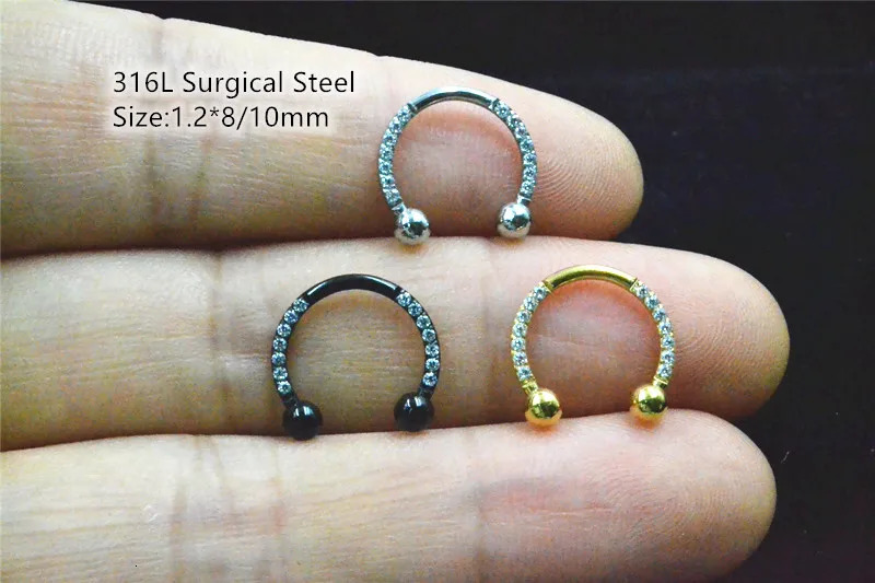 10pcs Body Jewelry Piercing - 316L StEEl CZ Horeshoes Nose Septum Ring Ear Helix Daith Cartilage Earring Ring 250807