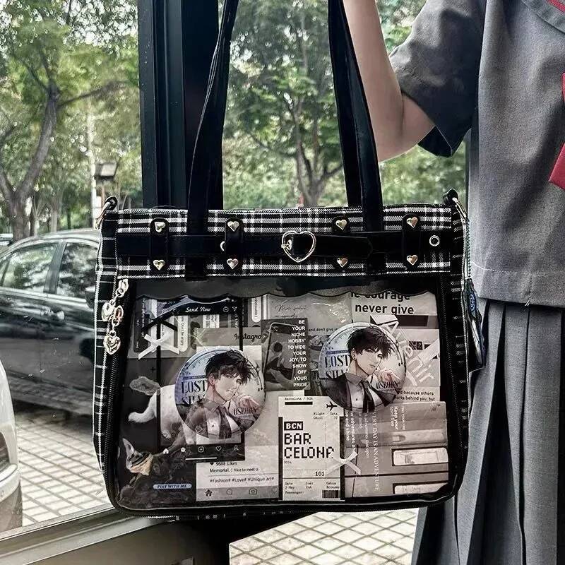 Women Fashion Checkered Pattern Retro Ita Cute Girl Transparent Large Capacity Tote DIY Display Handbag New Shoulder Bag
