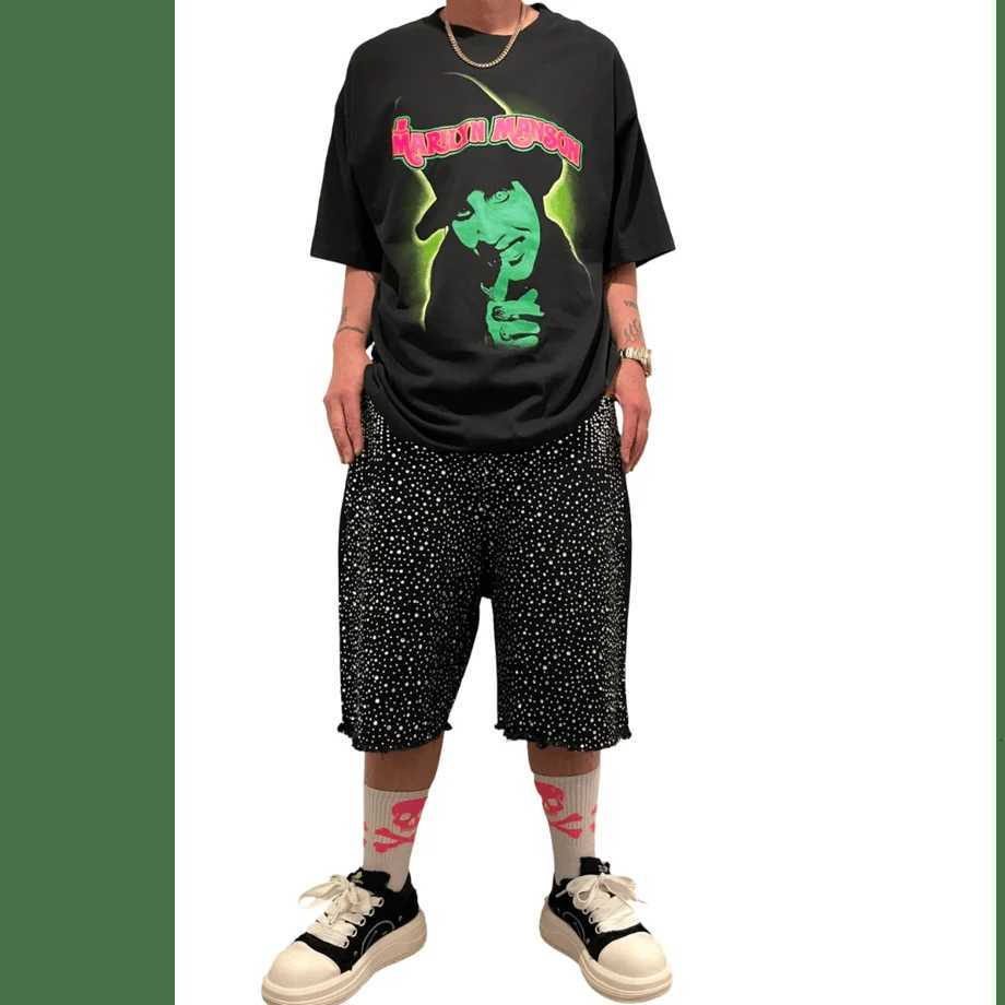 Y2k 2000s Rhinestone Sequin Denim Shorts Jeans Hip Hop Streetwear Mens Baggy Denim Gym Shorts Vintage Casual Basketball Shorts Y250814