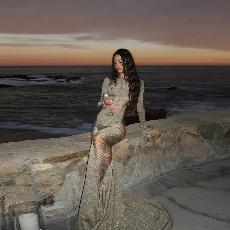 Sexy Hollow Out Evening Party Maxi Dress For Women Long Sleeve Backless Slimming High Waist Robe 2025 Summer Y2k 250808