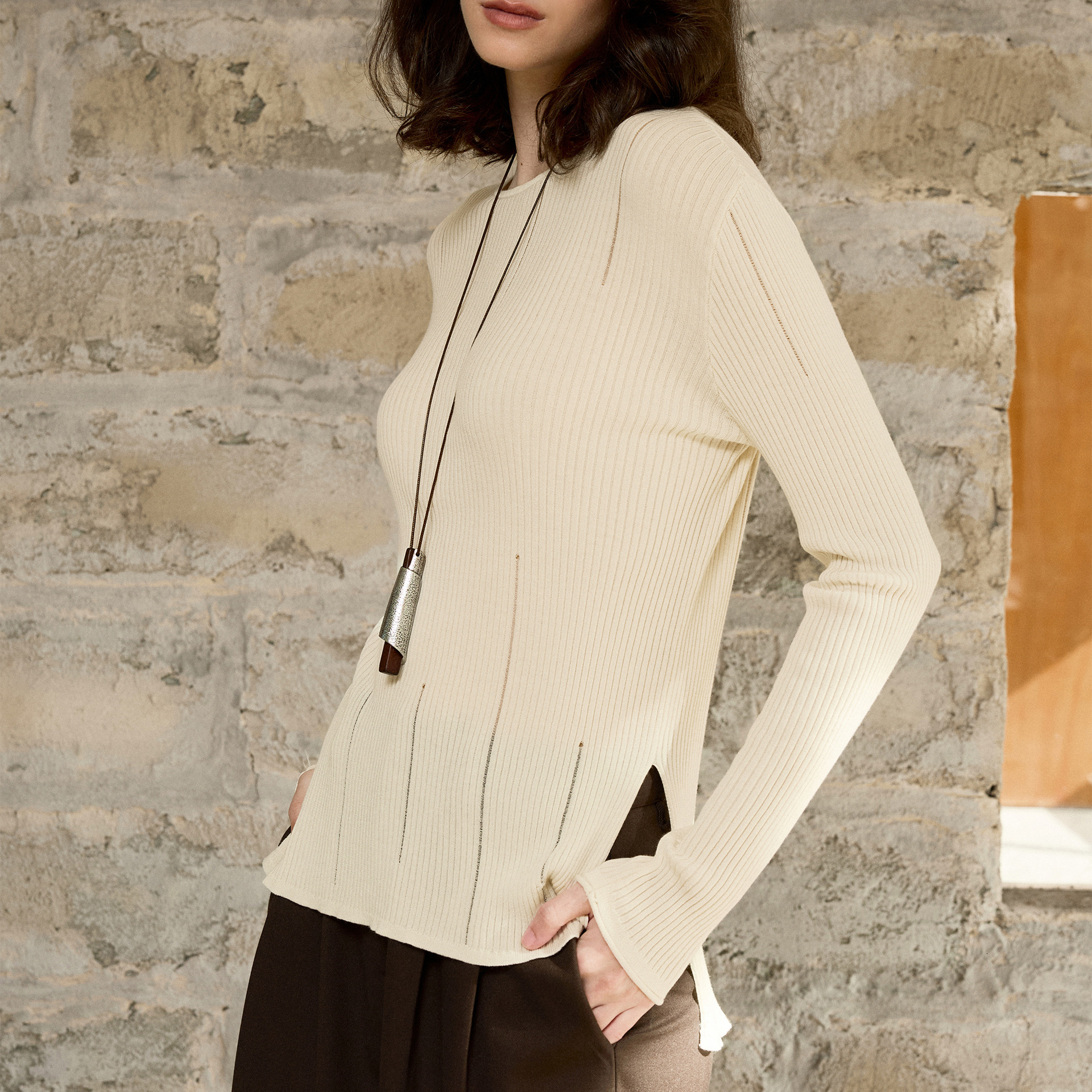 Tencel Wool Warm Long Sleeve Base Shirt Hollow Side Slit Design Knitted Sweater for Women Autumn Winter New Inner Wear