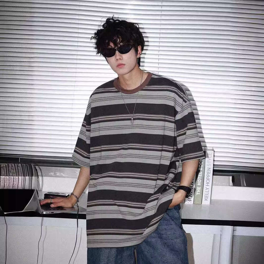 Striped Short Sleeve T-Shirt For Men Summer Boys Teenagers Loose Fit Pure Cotton Design Top Trendy B5