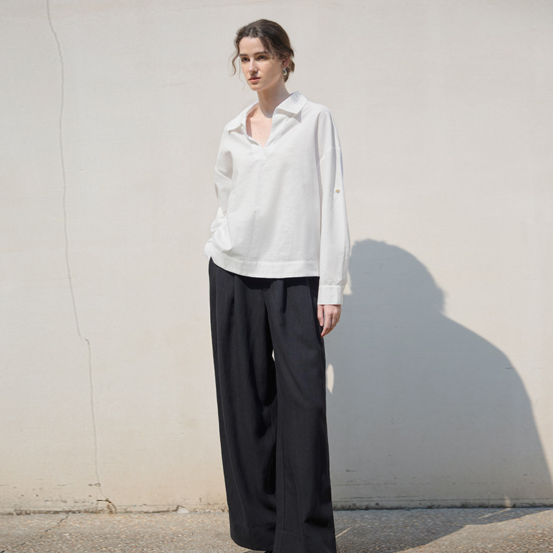 Old Style Pure White V-Neck Long Sleeve Shirt for Women, New Autumn and Winter Linen Loose Shirt, High-End Relaxed Top