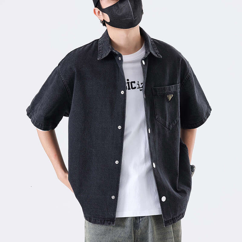 2025 Youth Spring Summer New Washed Nina Gray American High Street Casual Turn-Down Collar Short Sleeve Denim Shirt Jacket