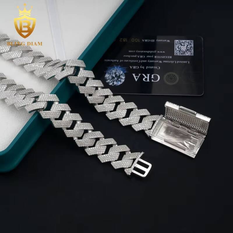 New Design 20MM Moissanite Cuban Chain Necklace High Quality Round Brilliant Cut Diamond 925 Silver