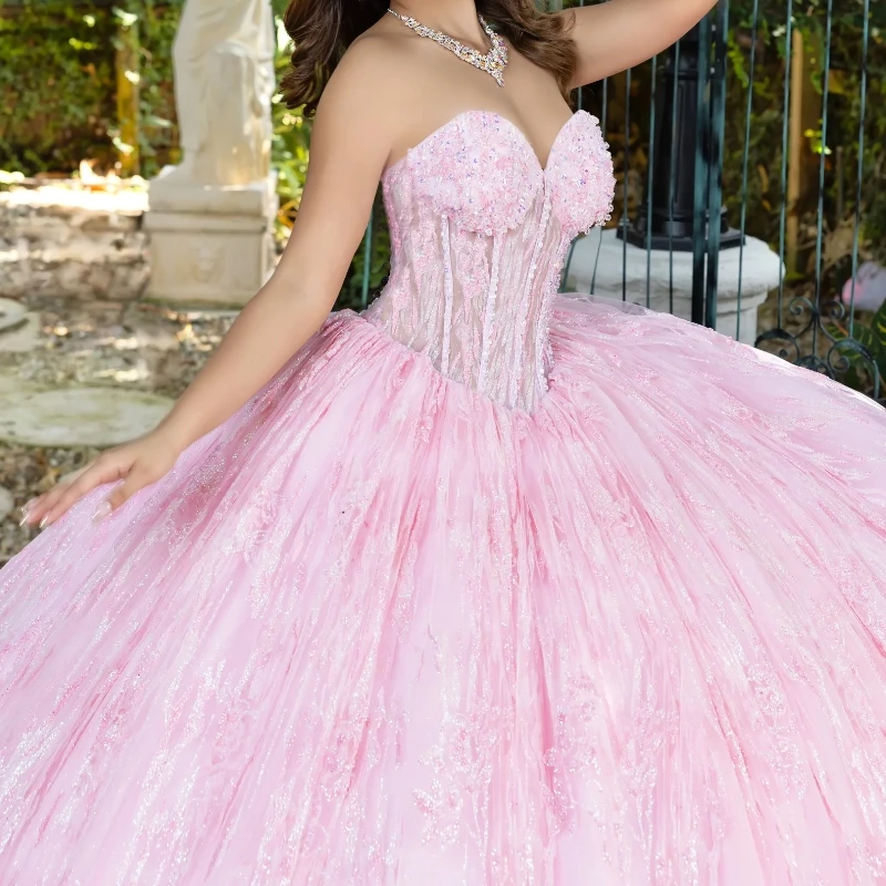 Pink Ball Gown Quinceanera Dresses Off the Shoulder Sequin Applique Lace Beads Tull Corset Vestidos 15 De Anos Sweet 16 Dress