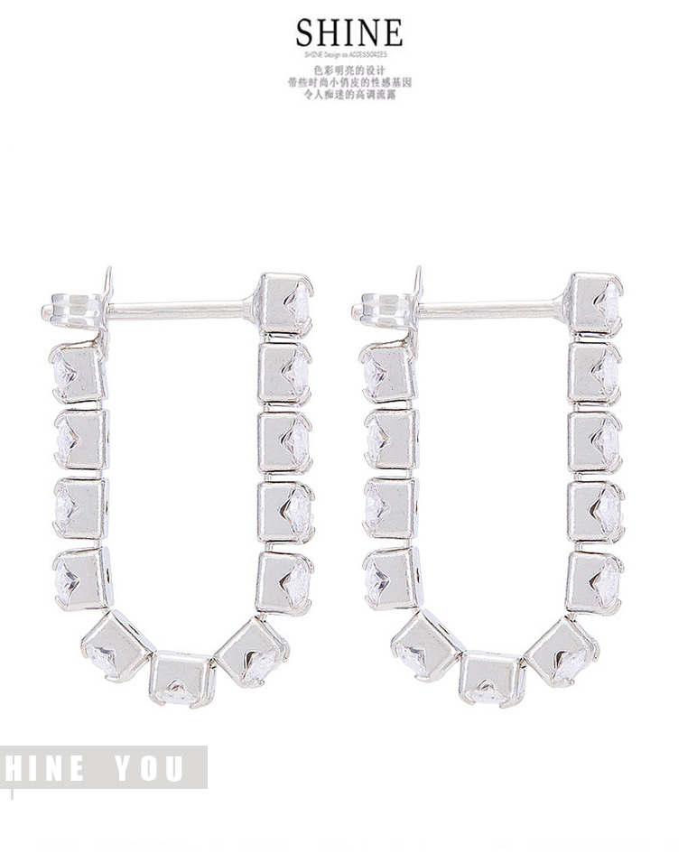 Square diamond U-shaped stud earrings with a cold and cool style, super shiny ins earrings, versatile earrings for women