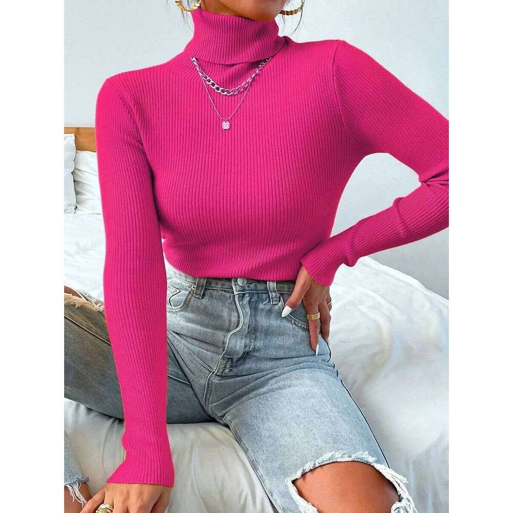 Autumn Winter Women Knit Solid Turtleneck Pull Sweater Casual Rib Jumper Tops Female Home Pullover Y2k Clothing 2025